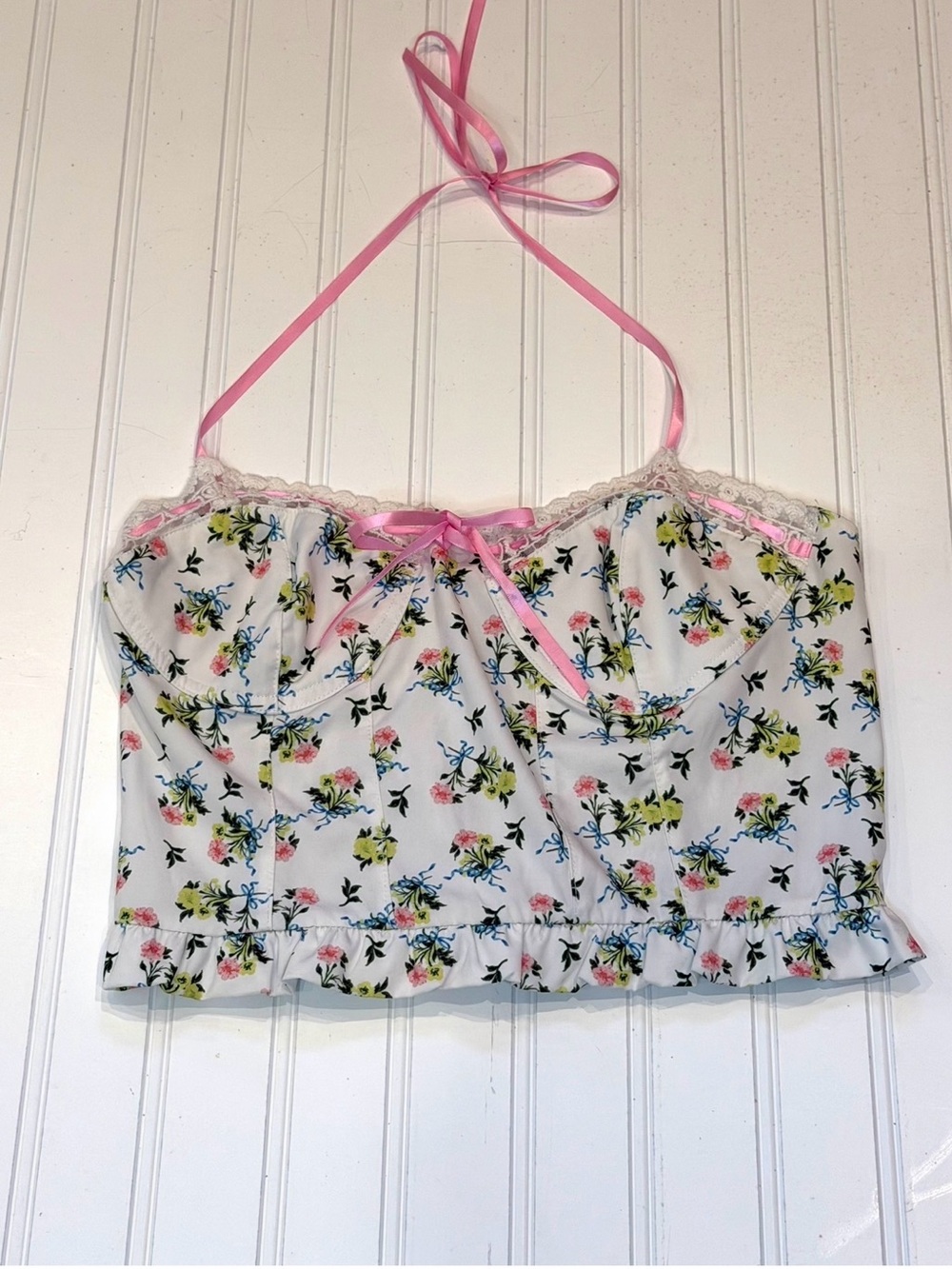 Cider Floral Coquette Cottagecore Crop Top Lace Pink Ribbon Size Small